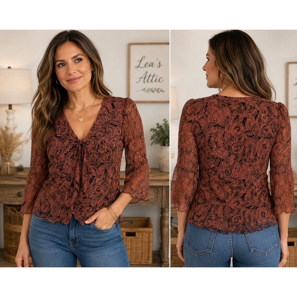 Jennifer L Lloyd Multicolor Blouse Bohemian L Bell Sleeve Swirling Pattern